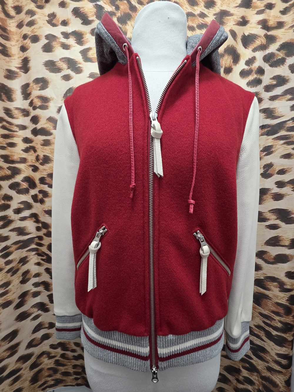 RARE Roots ALEX Wool & Genuine Leather Red & White Hooded Varsity Jacket -Size 6